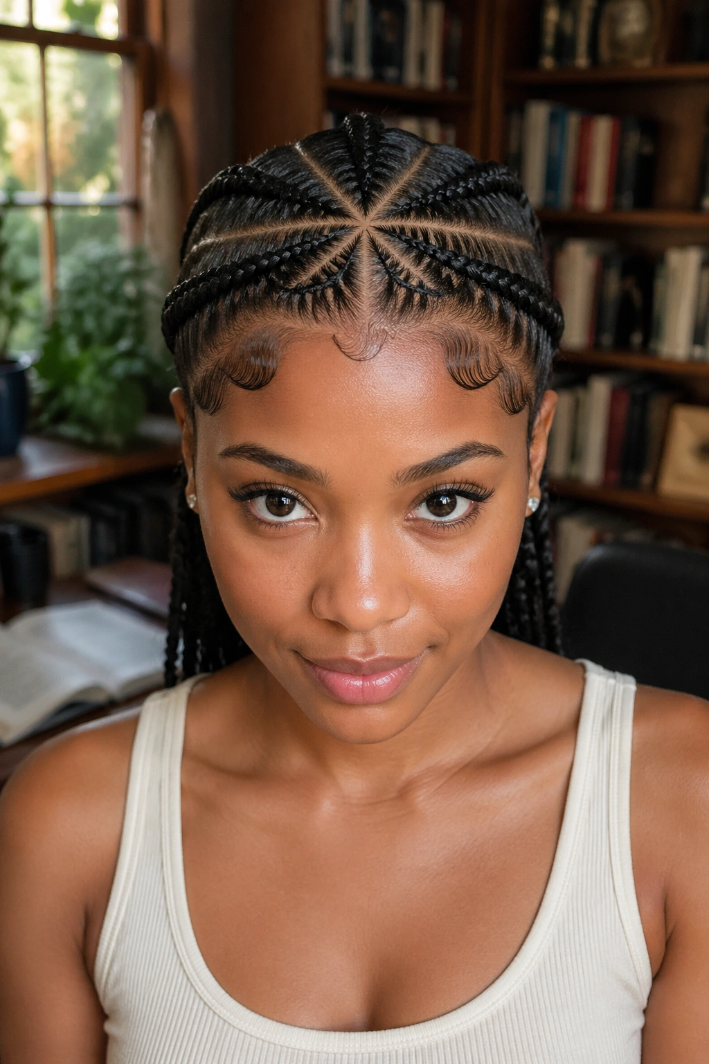 Real woman showing a star-shaped part with cornrows radiating from the crown.