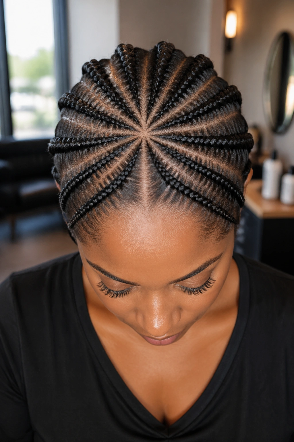 Close-up of real person with starburst cornrows radiating from crown