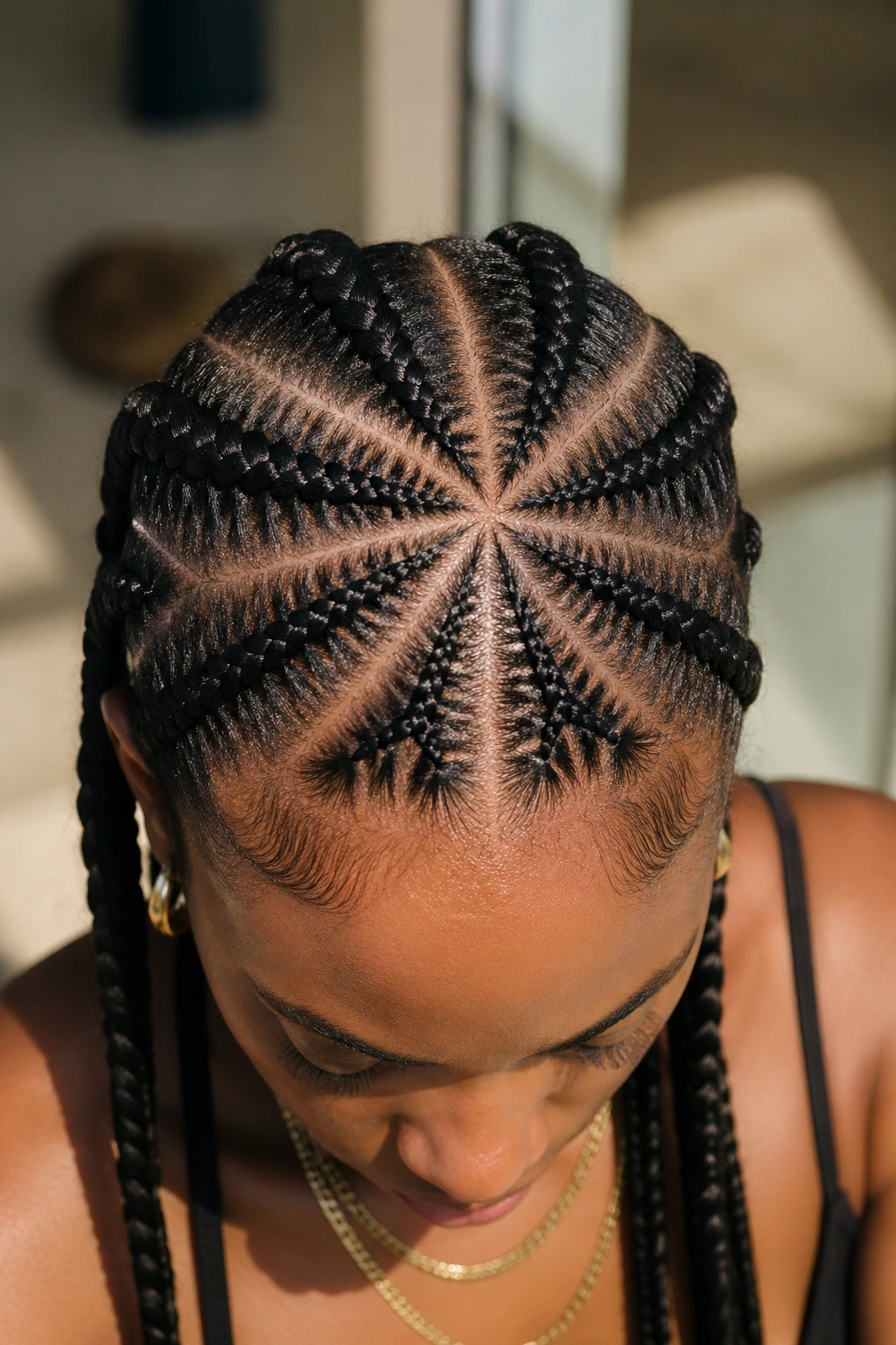 Starburst cornrows radiating from a crown bud on a real person.