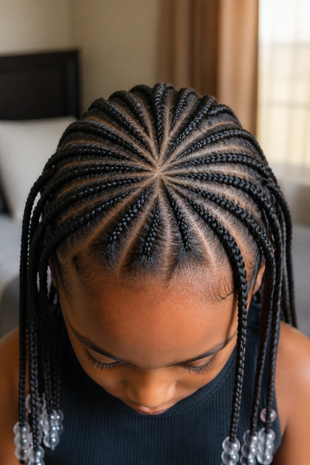 Close-up of an older child with starburst cornrow pattern radiating from the crown.