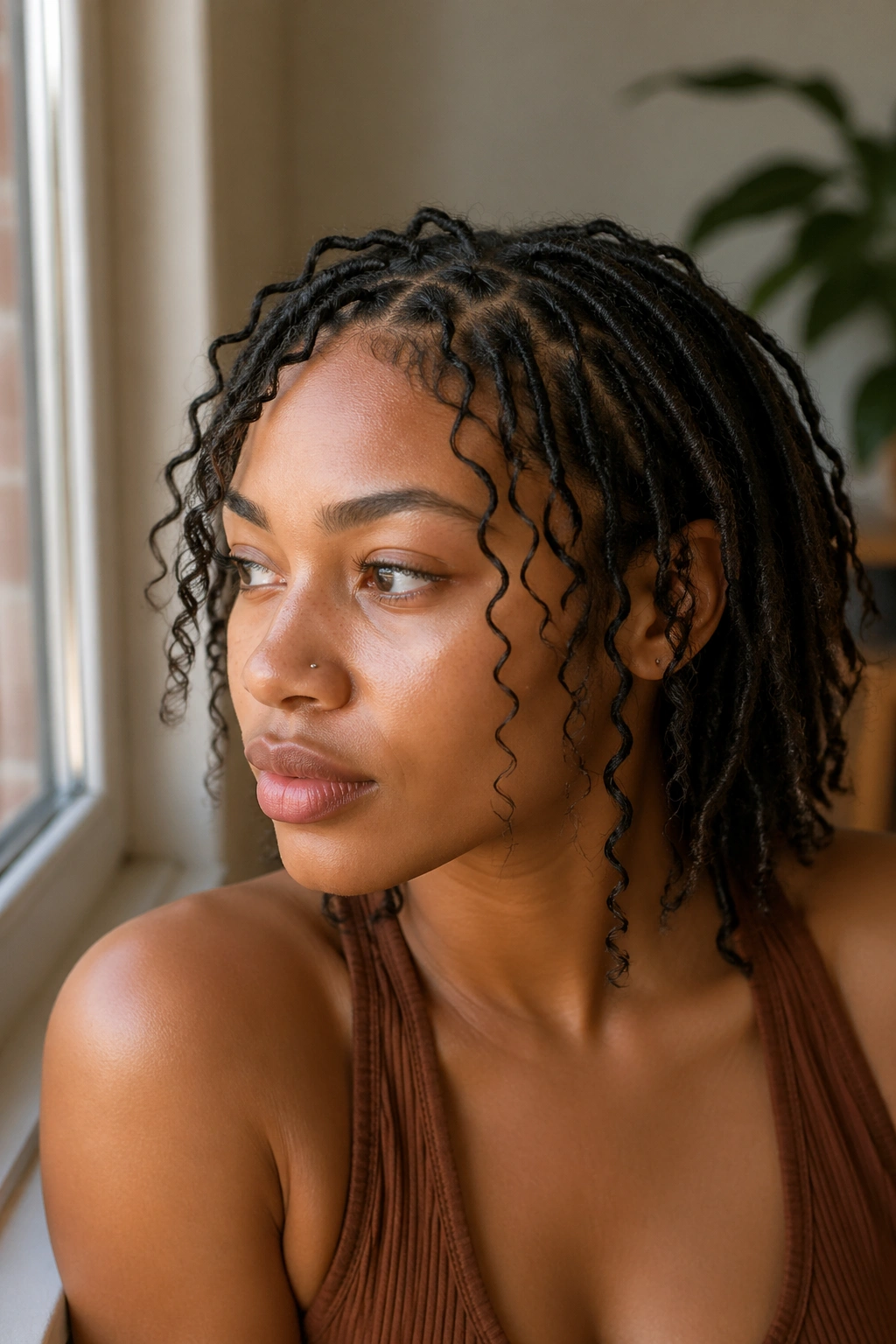 Close-up of a person with starter locs and gentle boho curls.