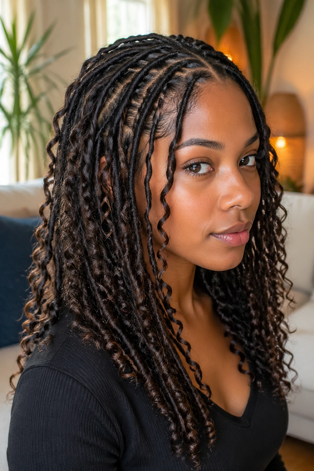 Close-up of real person with starter locs and lightweight curl additions for volume.