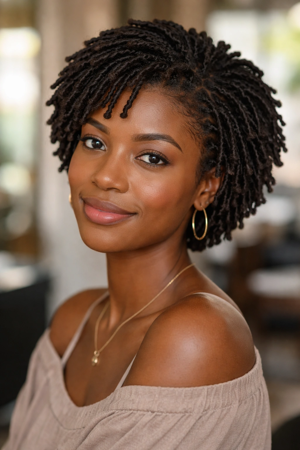 Close-up of real woman with short starter locs forming rounded afro silhouette
