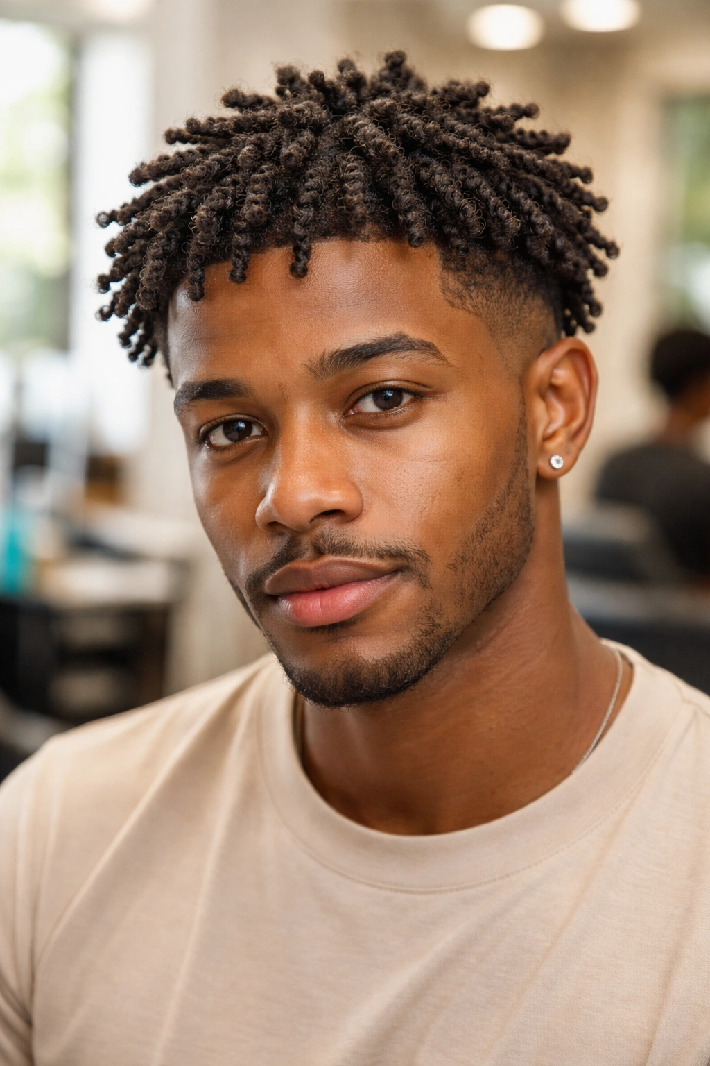 Close-up of starter locs formed by sponge curls on a real person in a salon.