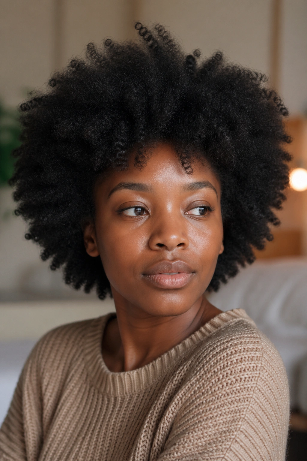 Close-up of a real person with healthy natural hair, no products visible