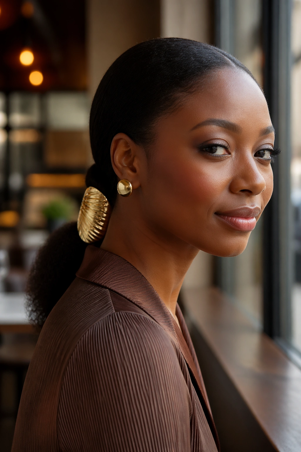 Close-up of a real woman wearing a bold oversized clip with a low ponytail