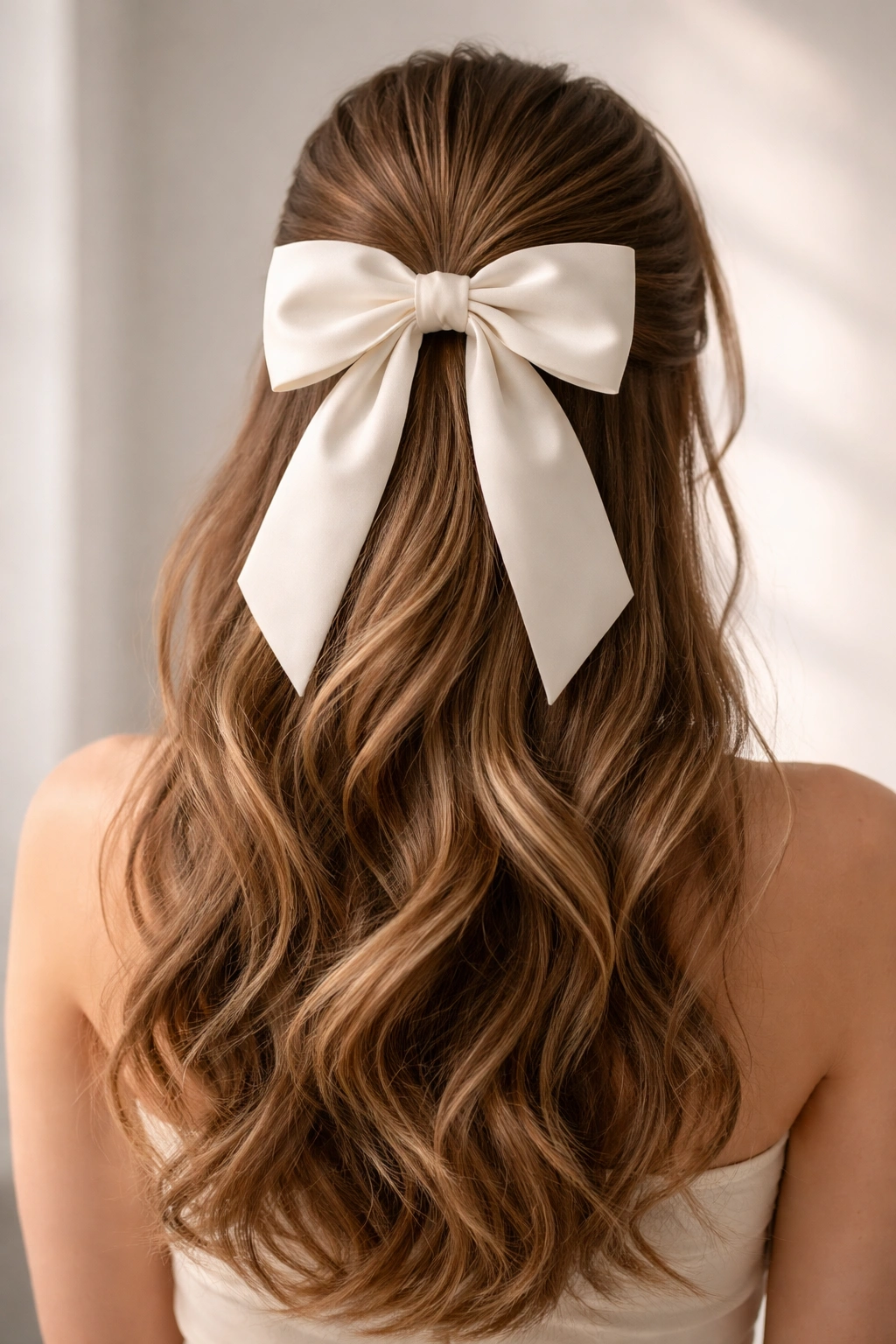 Back view of half-up ponytail with a large statement bow centered at the back