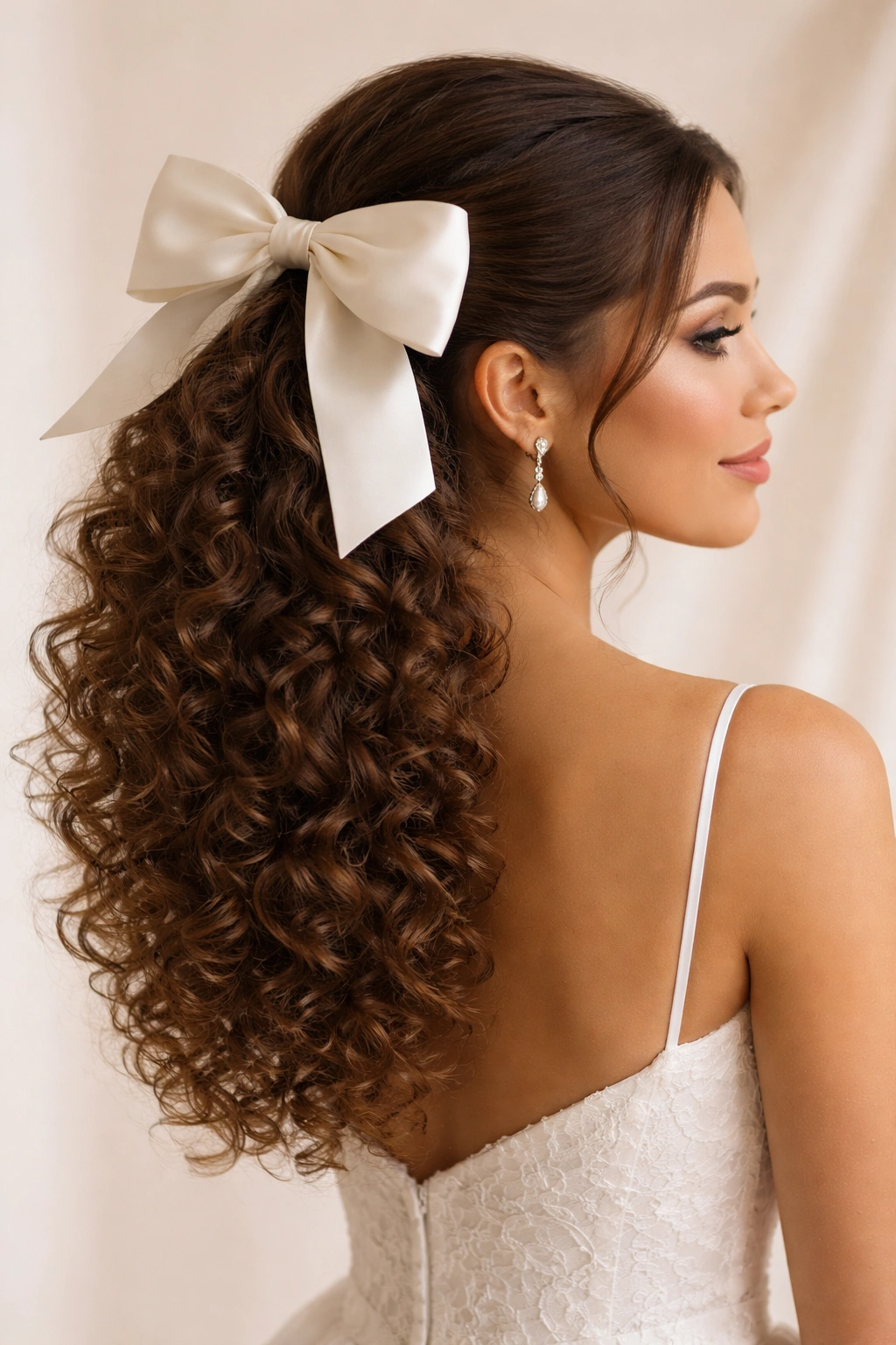 Curly ponytail with a large bow as focal detail