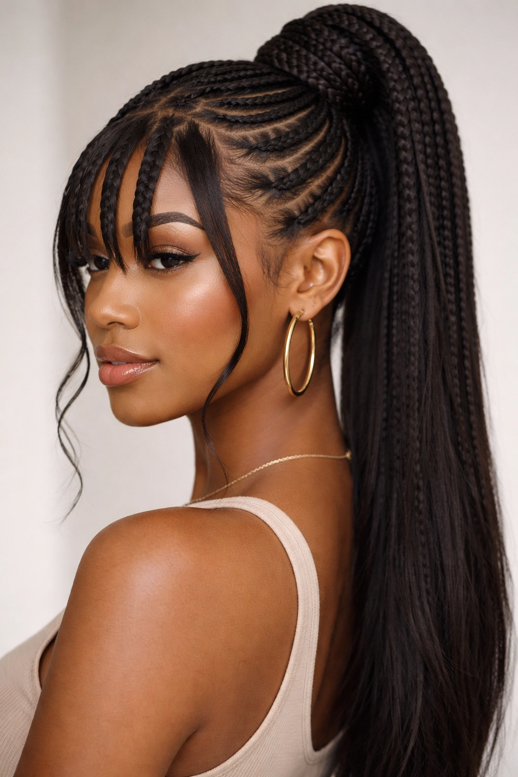 Statement cornrow ponytail with mixed-braid bangs in varied sizes