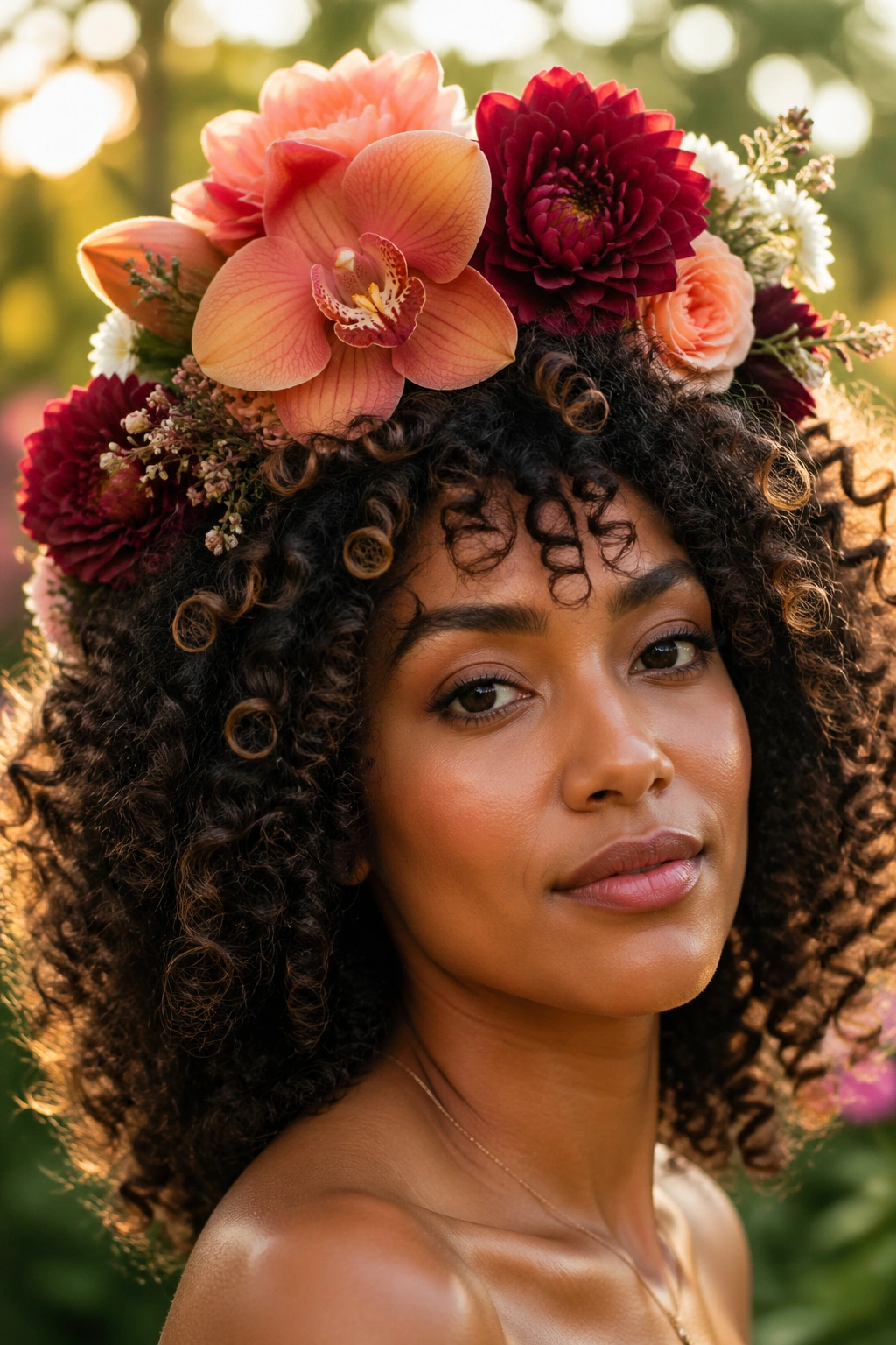 Close-up portrait of a real woman with natural curls wearing a bold floral crown