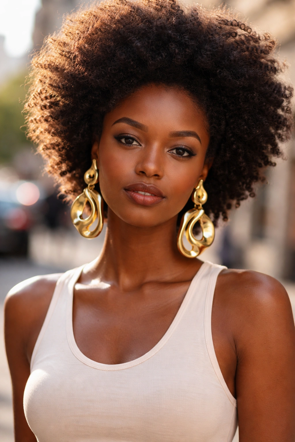 Close-up of a real person with Afro hair wearing oversized earrings