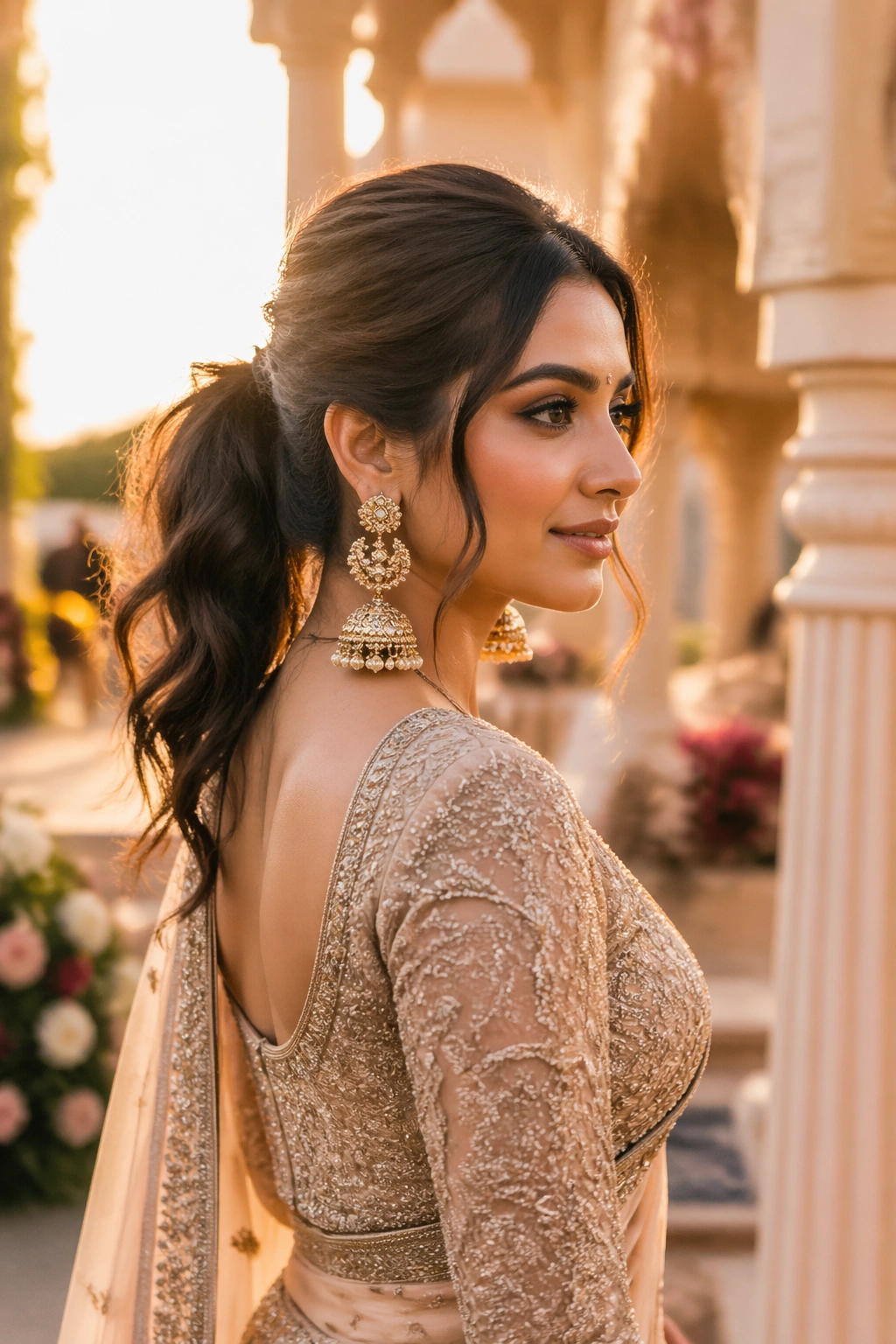 Hero shot of jhumka ponytail with bold earrings at sunset.