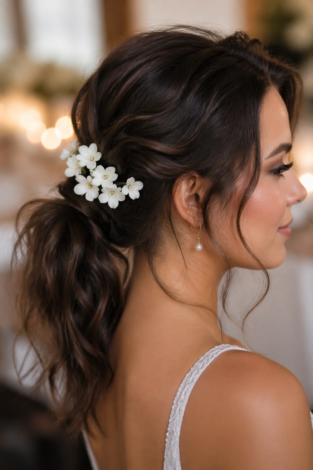 Portrait of a real woman with a messy wedding ponytail accented by Stephanotis.