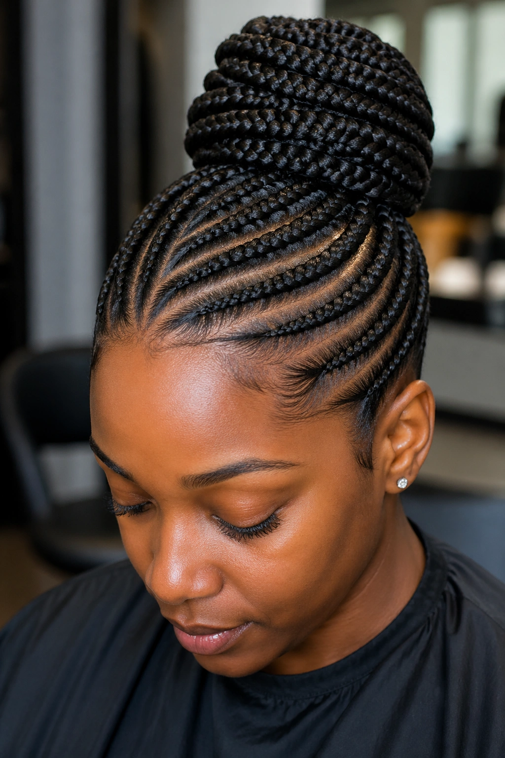 Close-up of stitch braids forming ribbed texture into a bun on a real person