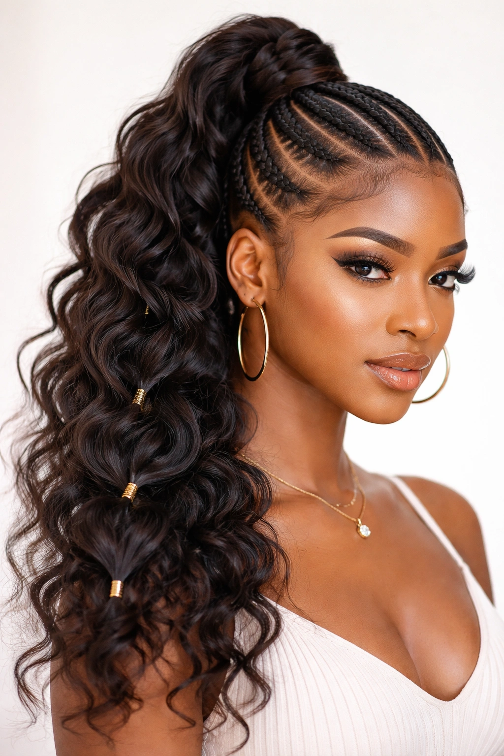 Close-up of a stitch-braid butterfly ponytail with crisp lines and smooth transition to butterfly loops.