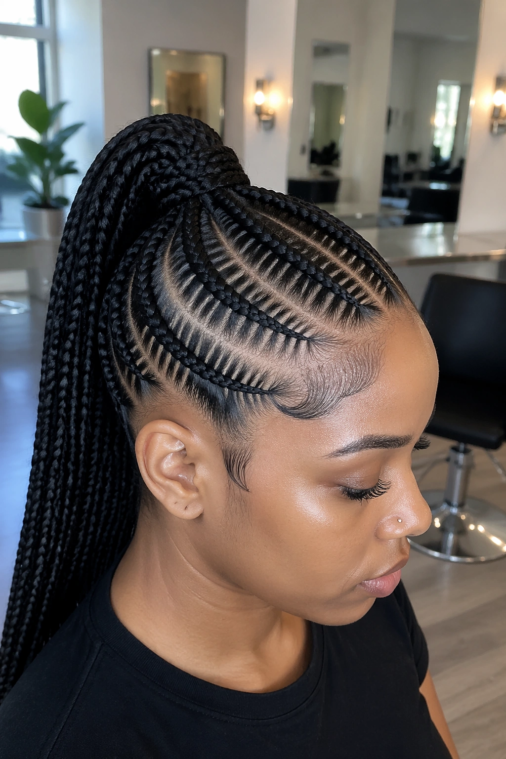 Close-up of a real woman with stitch-braid feed-in ponytail showing scalp pattern