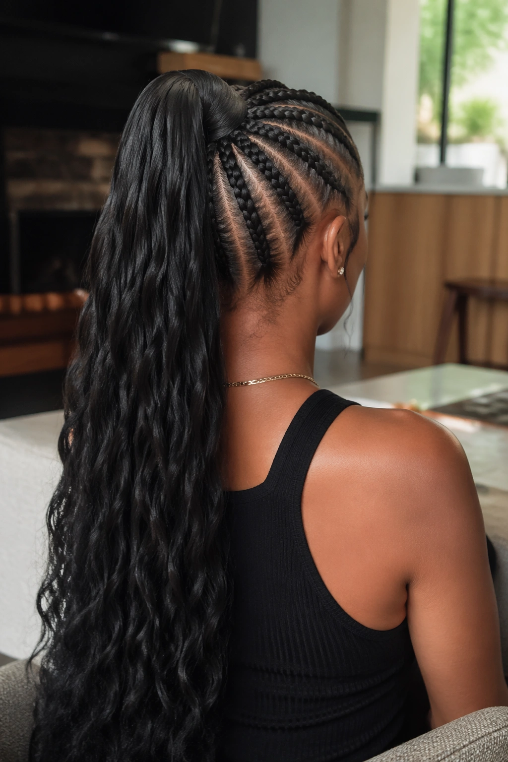 Back view of a real woman with stitch-braid foundation leading to a ponytail