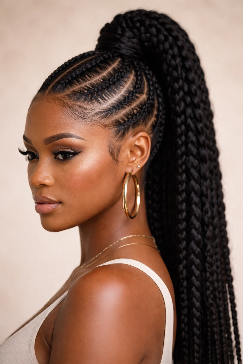 Stitch-braid mohawk ponytail with glassy parts and centered high ponytail