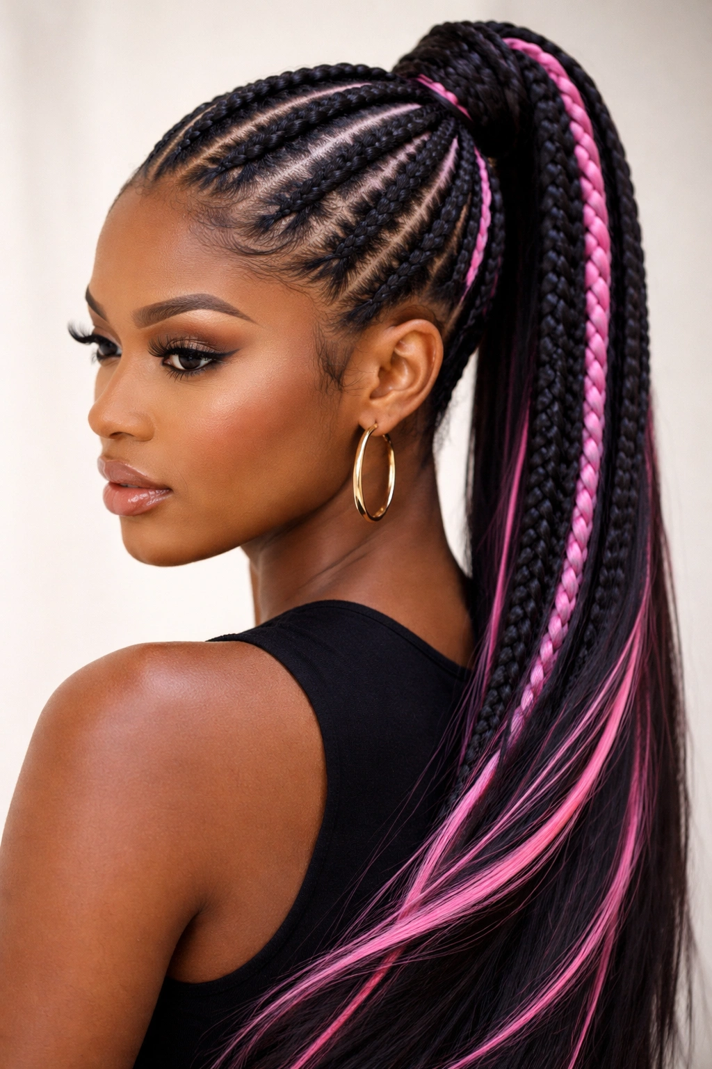 Stitch-braid ponytail with pink highlights woven into braids