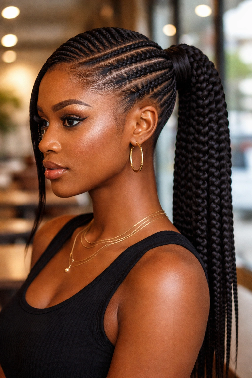 Close-up of a person with a side-part stitch braided ponytail and crisp lines.