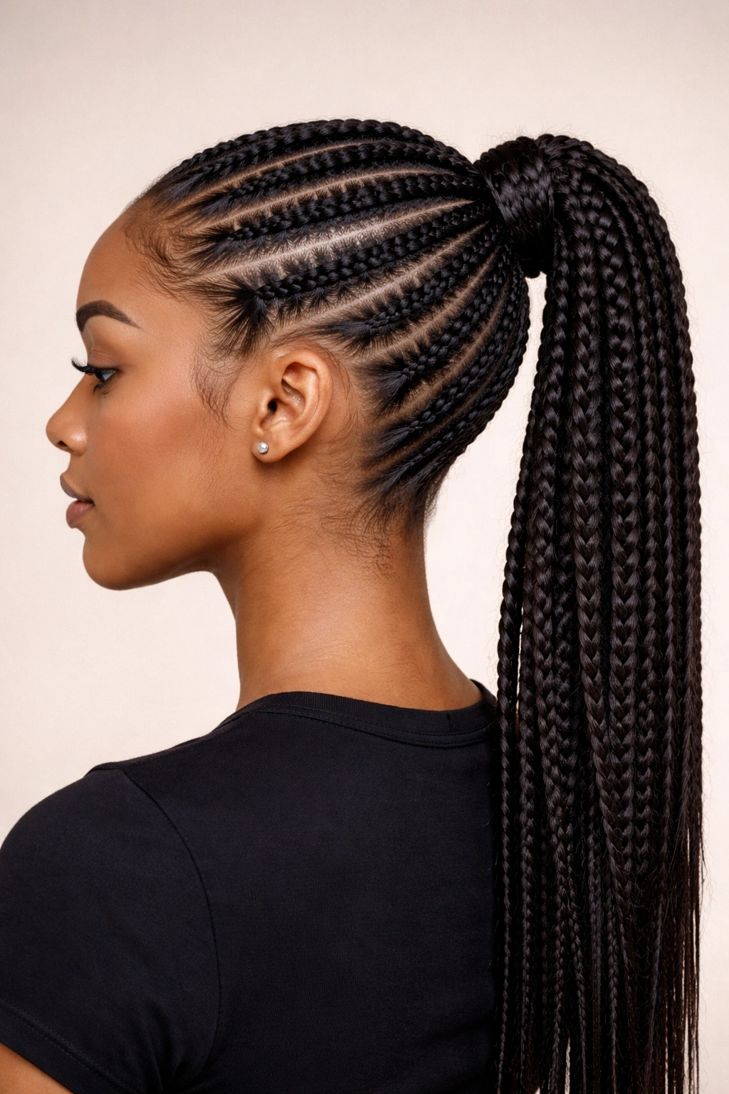 Stitch braid ponytail with crisp ridges and a structured silhouette