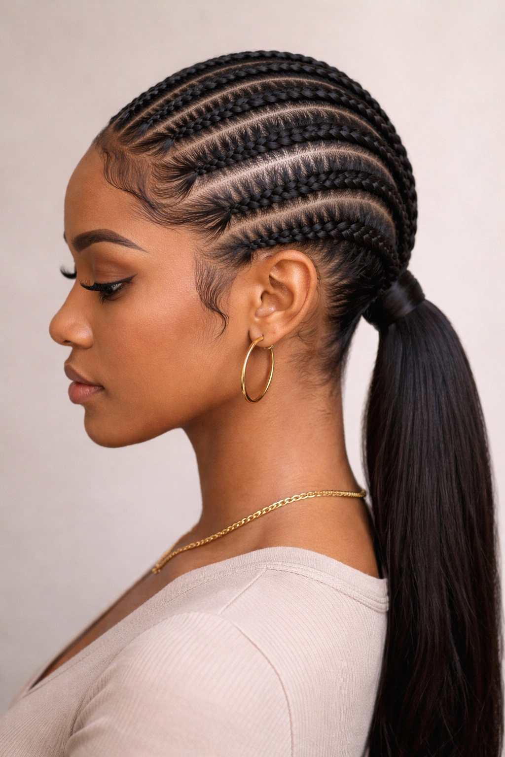 Close-up of stitch braids forming a segmented pattern into a low ponytail