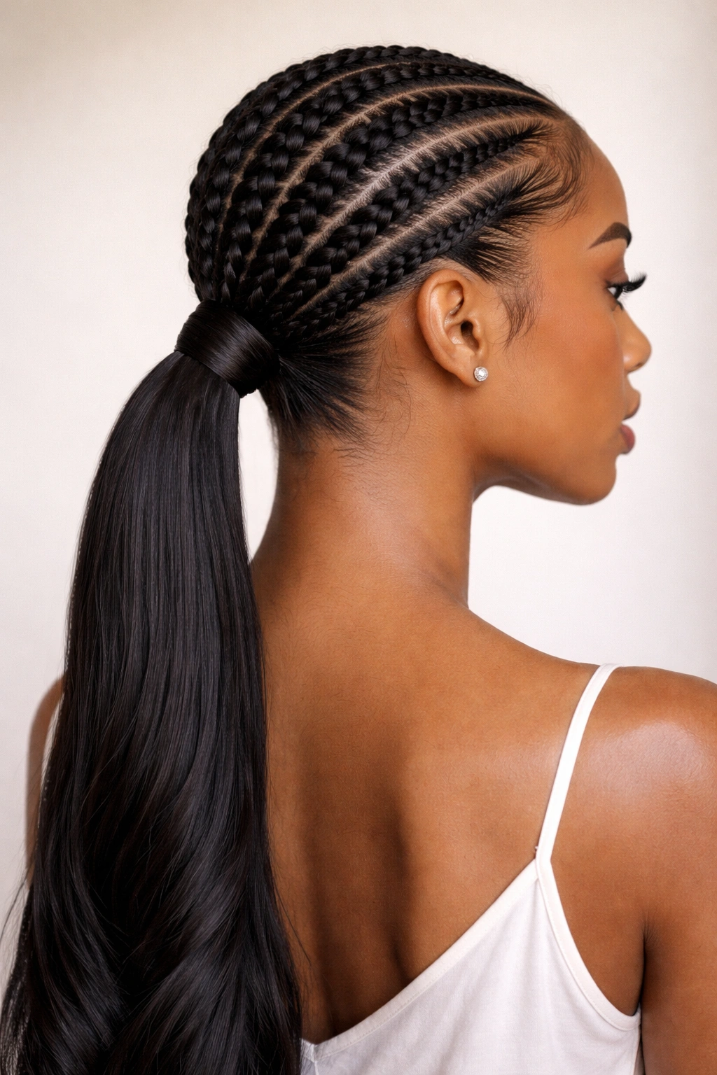 Close-up of a stitch braid pattern running straight into a low ponytail