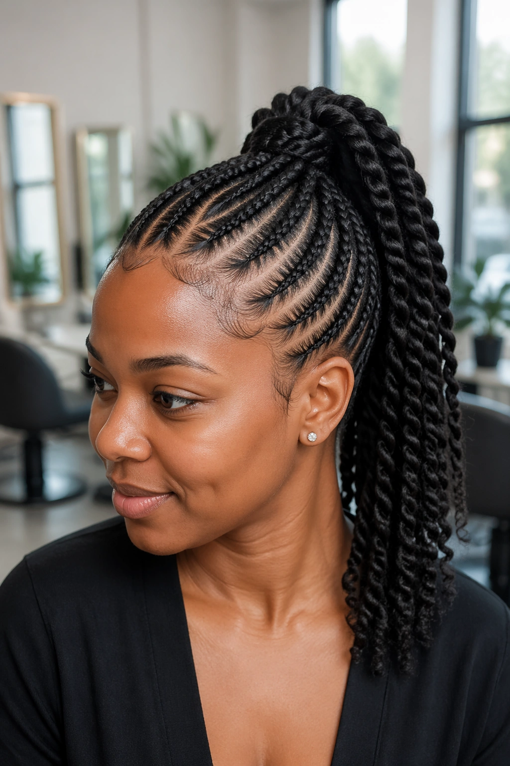Close-up of stitch-braid ponytail with defined twist segments on a real person