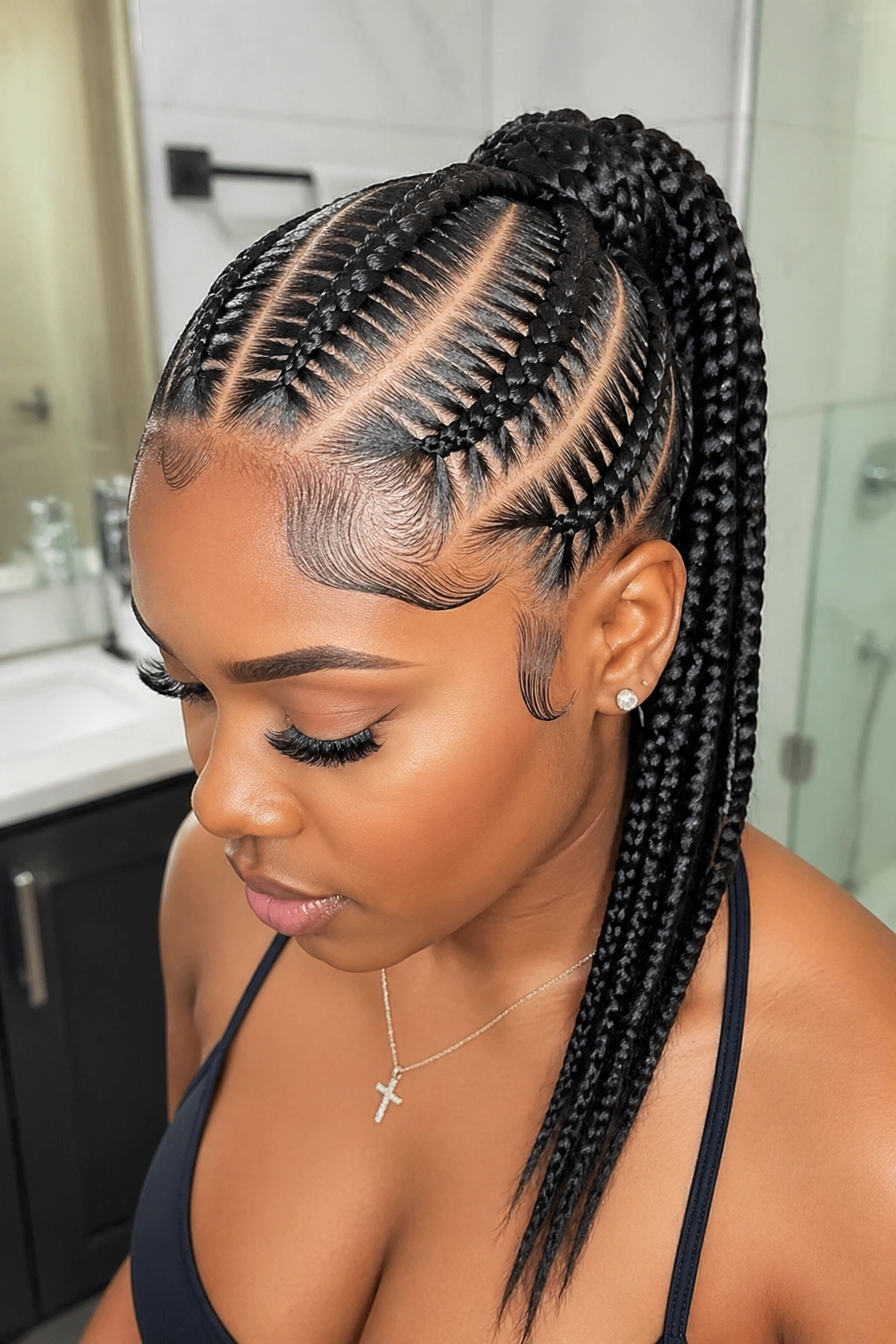 Close-up of a real woman with stitch-braid ponytail and visible part lines