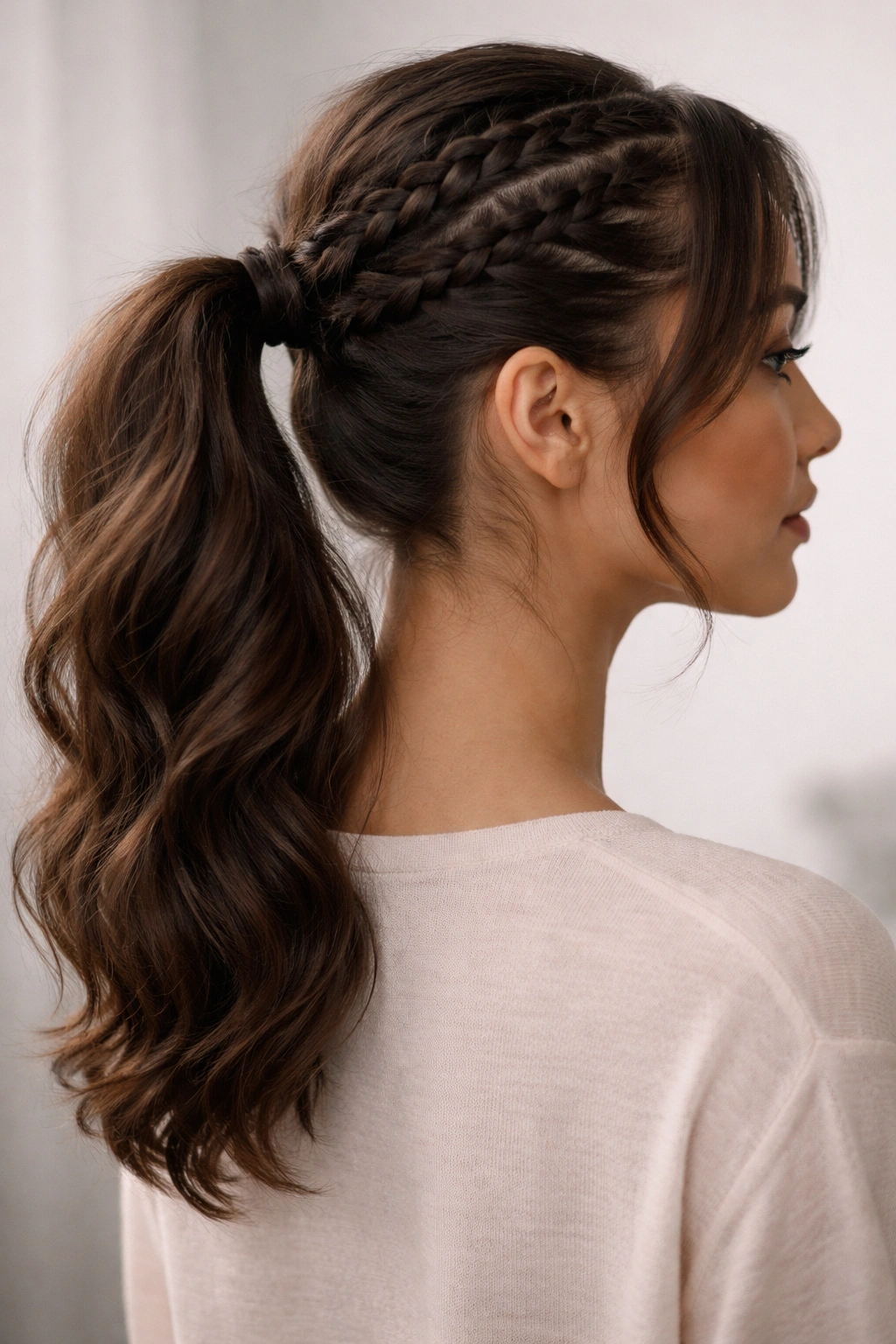 Close-up of a soft, curved stitch braid ponytail on medium hair with gentle shine
