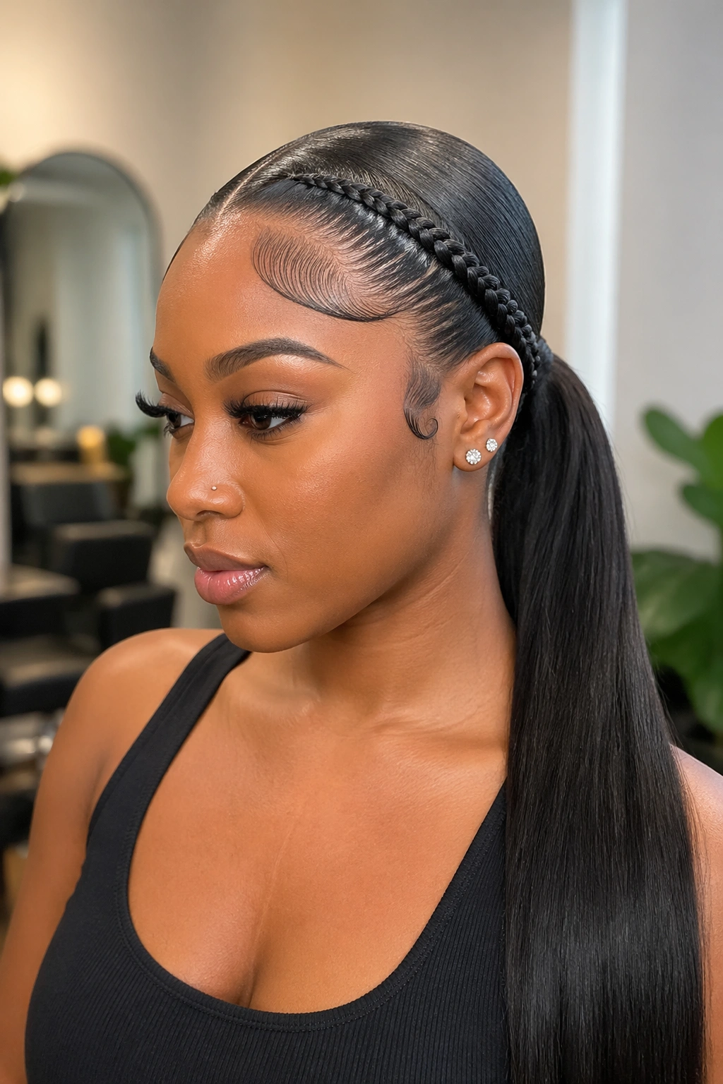 Close-up of a real woman's head with a stitch-braid along the hairline flowing into a flat low ponytail in a salon.
