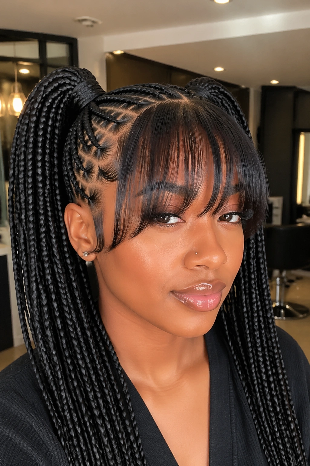 Close-up of a woman with stitch-braid twin ponytails and layered bangs in a modern salon