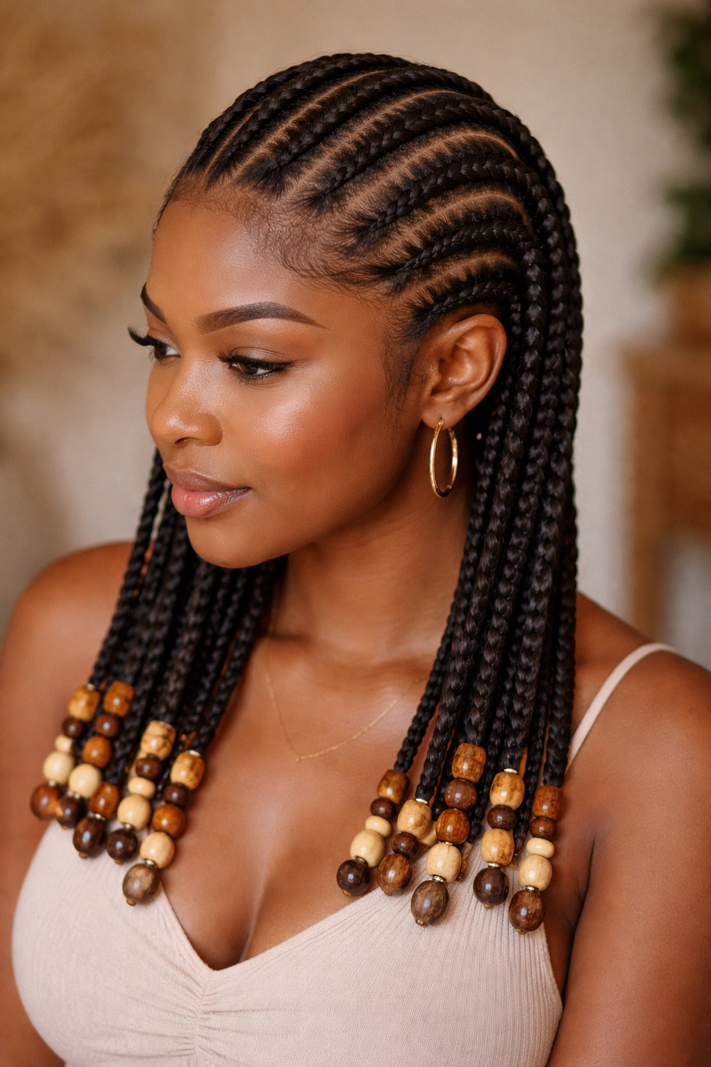 Close-up of a real woman with stitch braids ending in wooden beads.