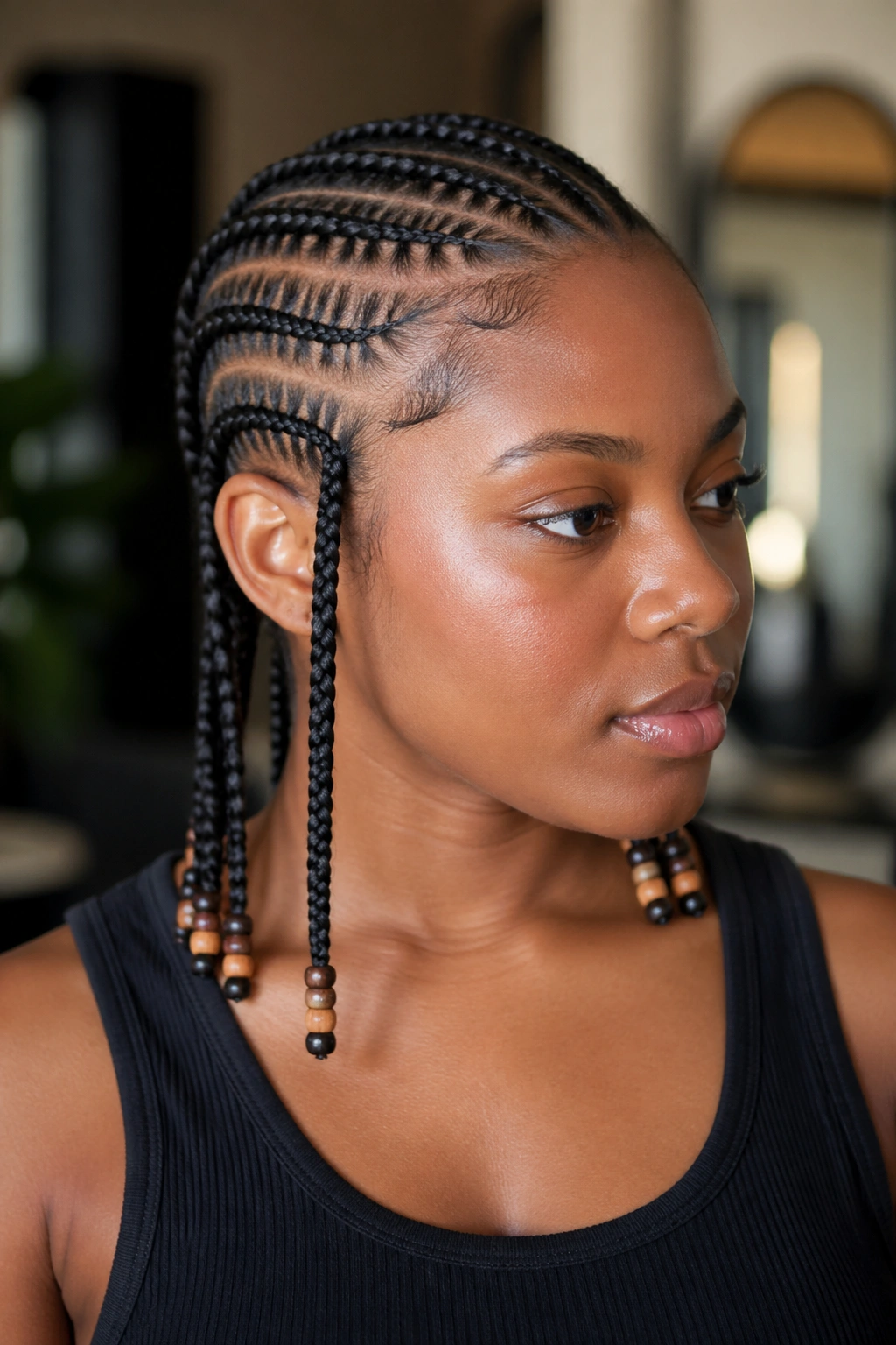 Close-up of stitch braids with small bead accents at braid ends on a real person