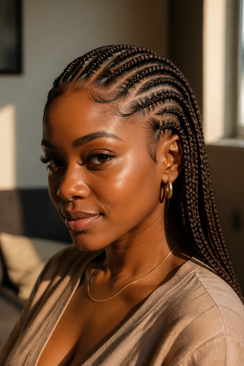 Close-up of a real woman wearing chocolate brown stitch braids, ridge patterns visible.