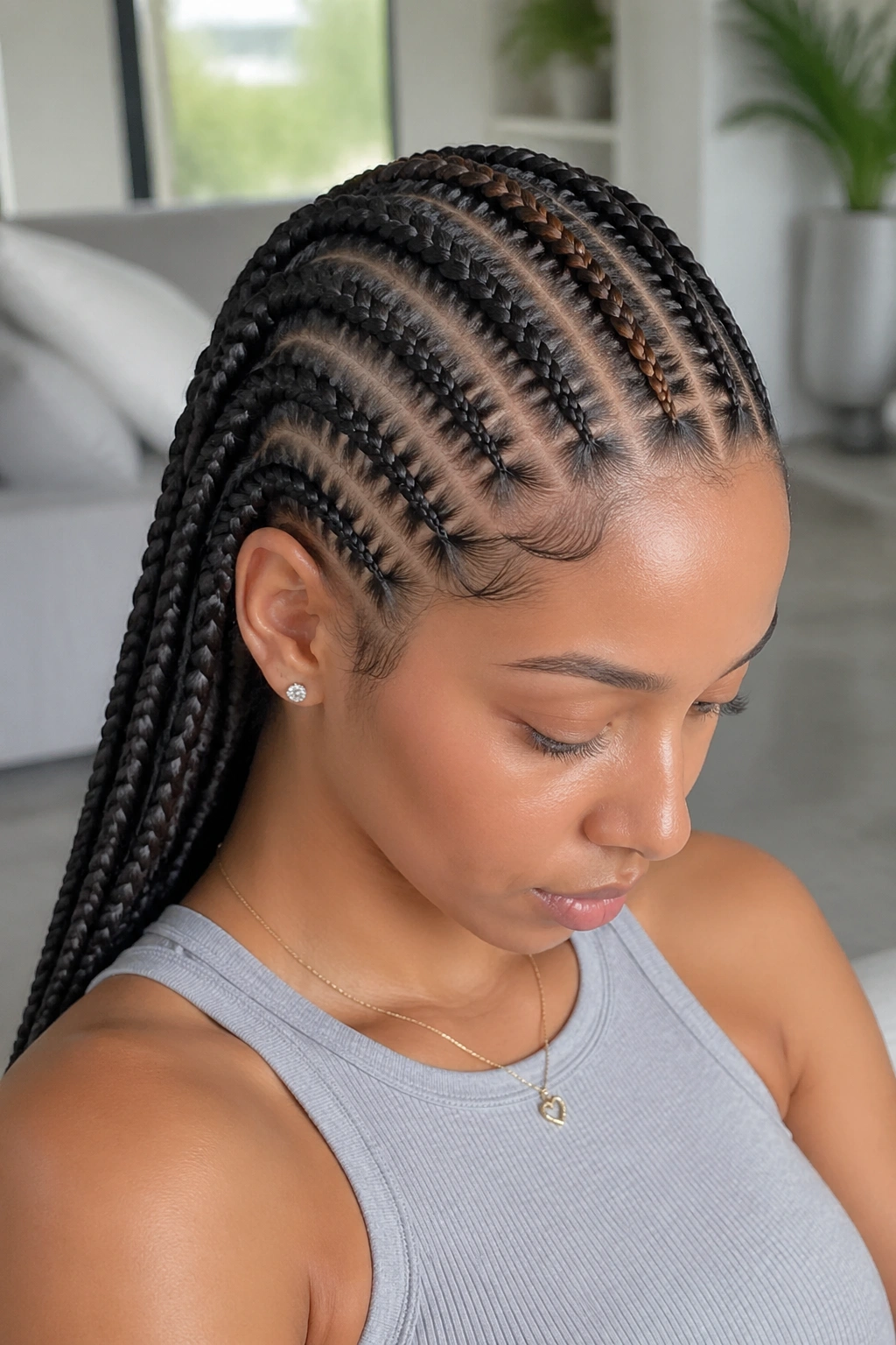 Close-up of stitch braids with a color streak on a real person