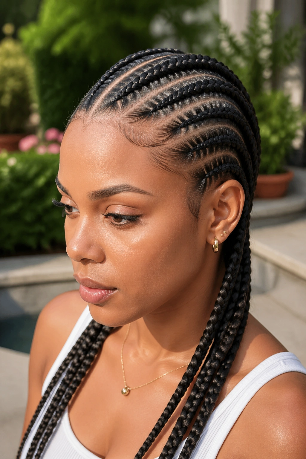 Close-up of a real woman with stitch-detail cornrows for wedding guest hairstyle.
