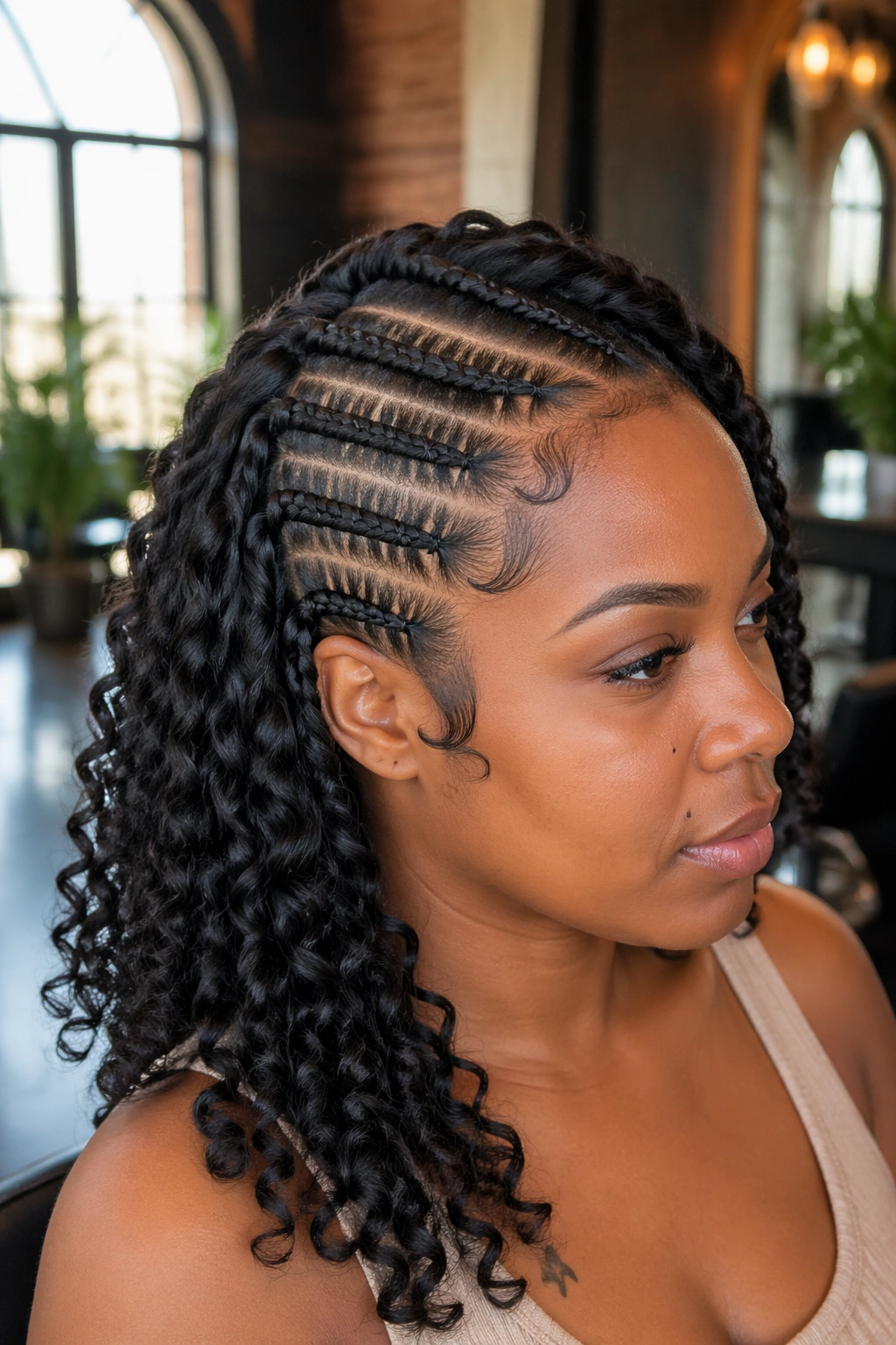 Close-up portrait of a real woman with side cornrows featuring stitch braids and a curling side in a warm salon setting