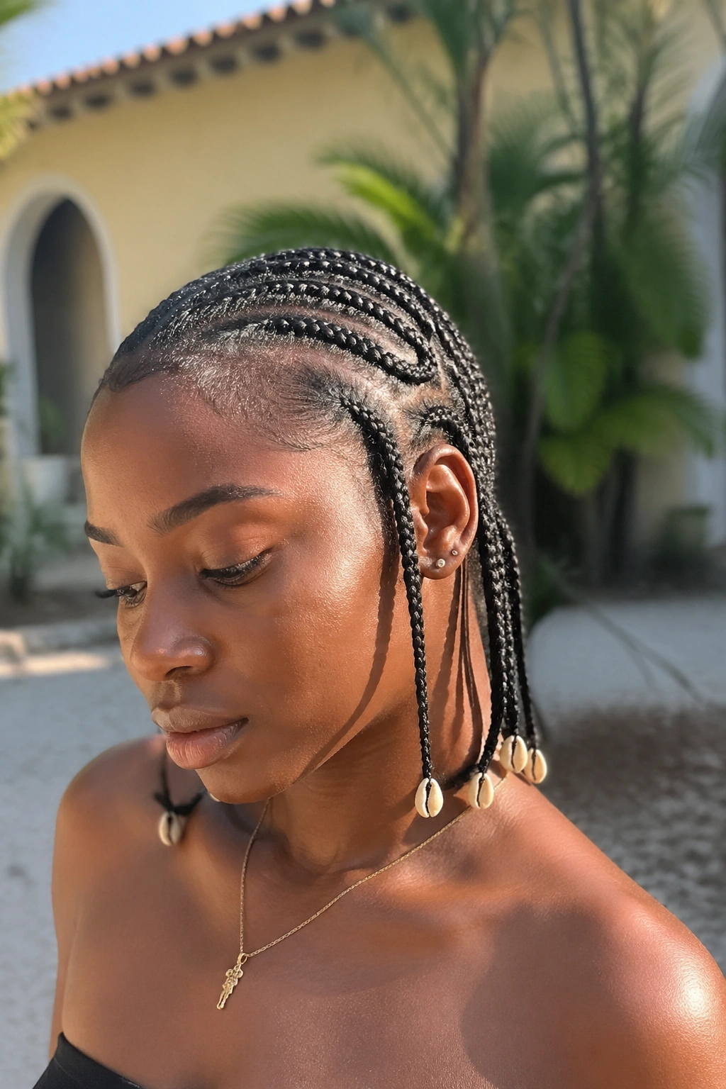 Close-up of stitch braids with cowrie shells at braid ends on a real person