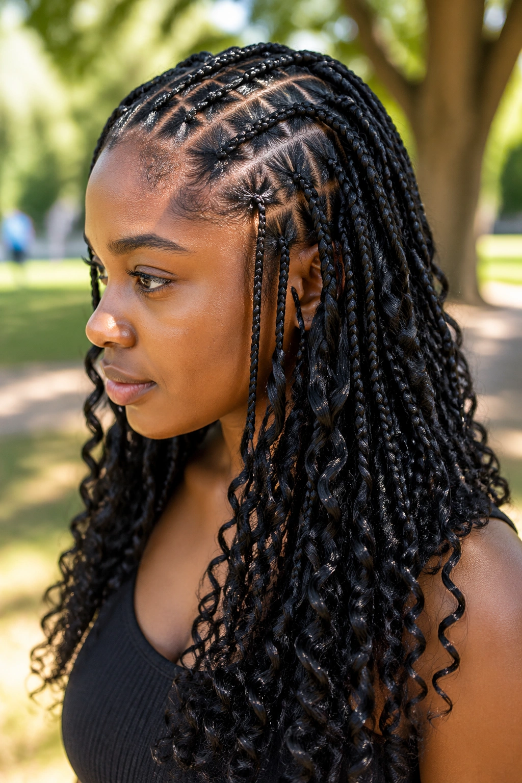 Real woman wearing stitch braids with curly ends in an outdoor setting.