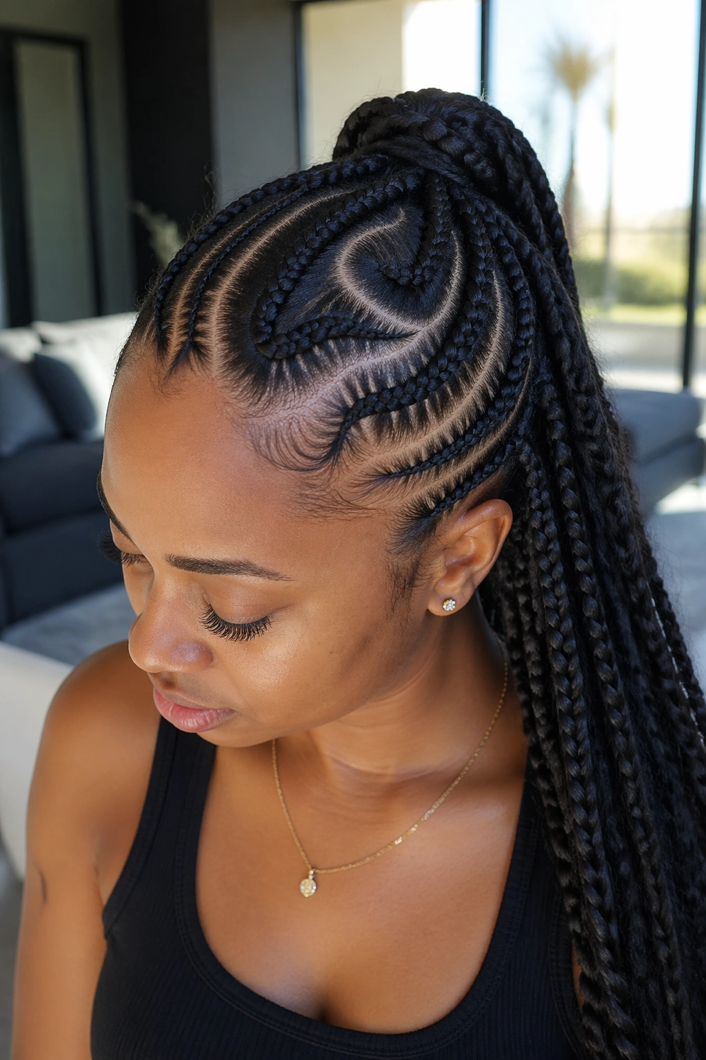 Close-up of real woman with stitch braids and curved parting