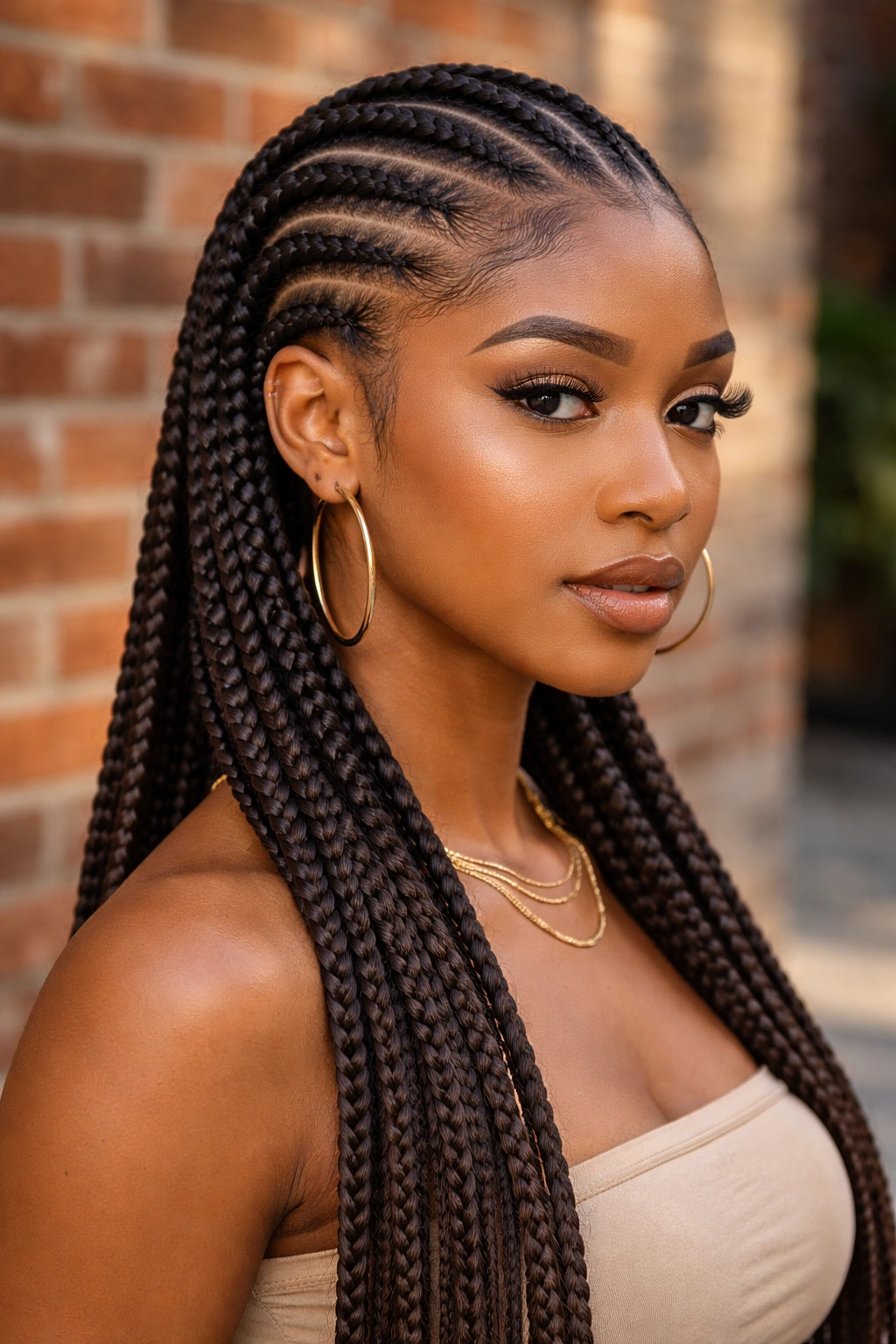 Close-up of cornrows with stitched feed-in combo on real woman's head