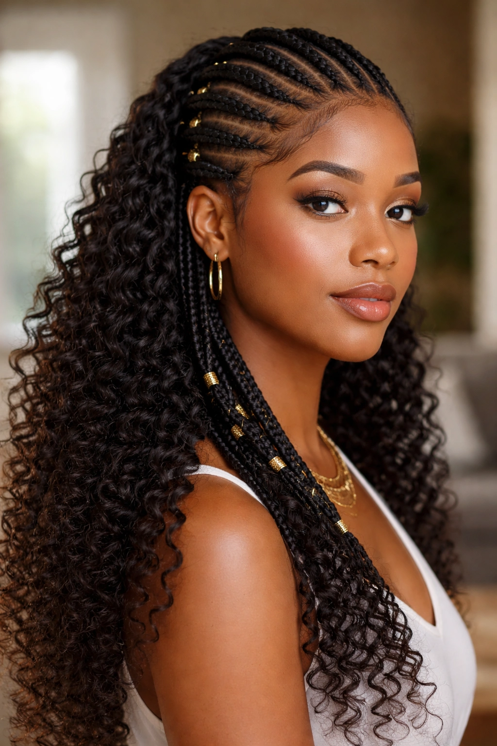Profile close-up of a real woman with stitch braids integrated into Fulani style and natural curls.