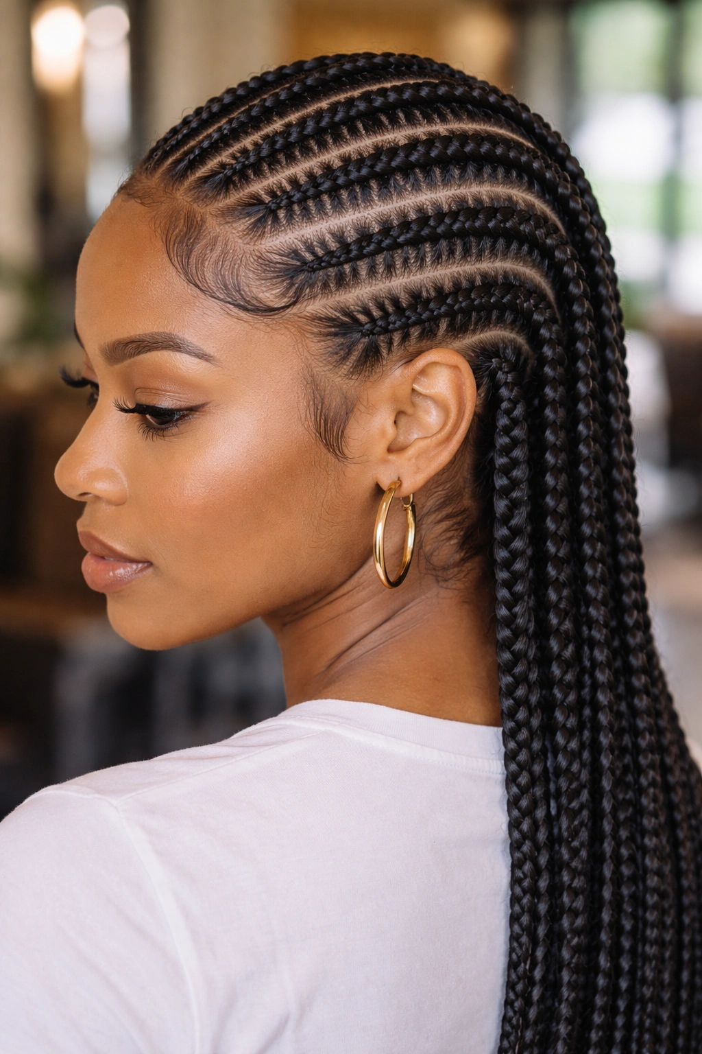 Close-up portrait of a real woman with stitch braids forming a grid across the scalp.