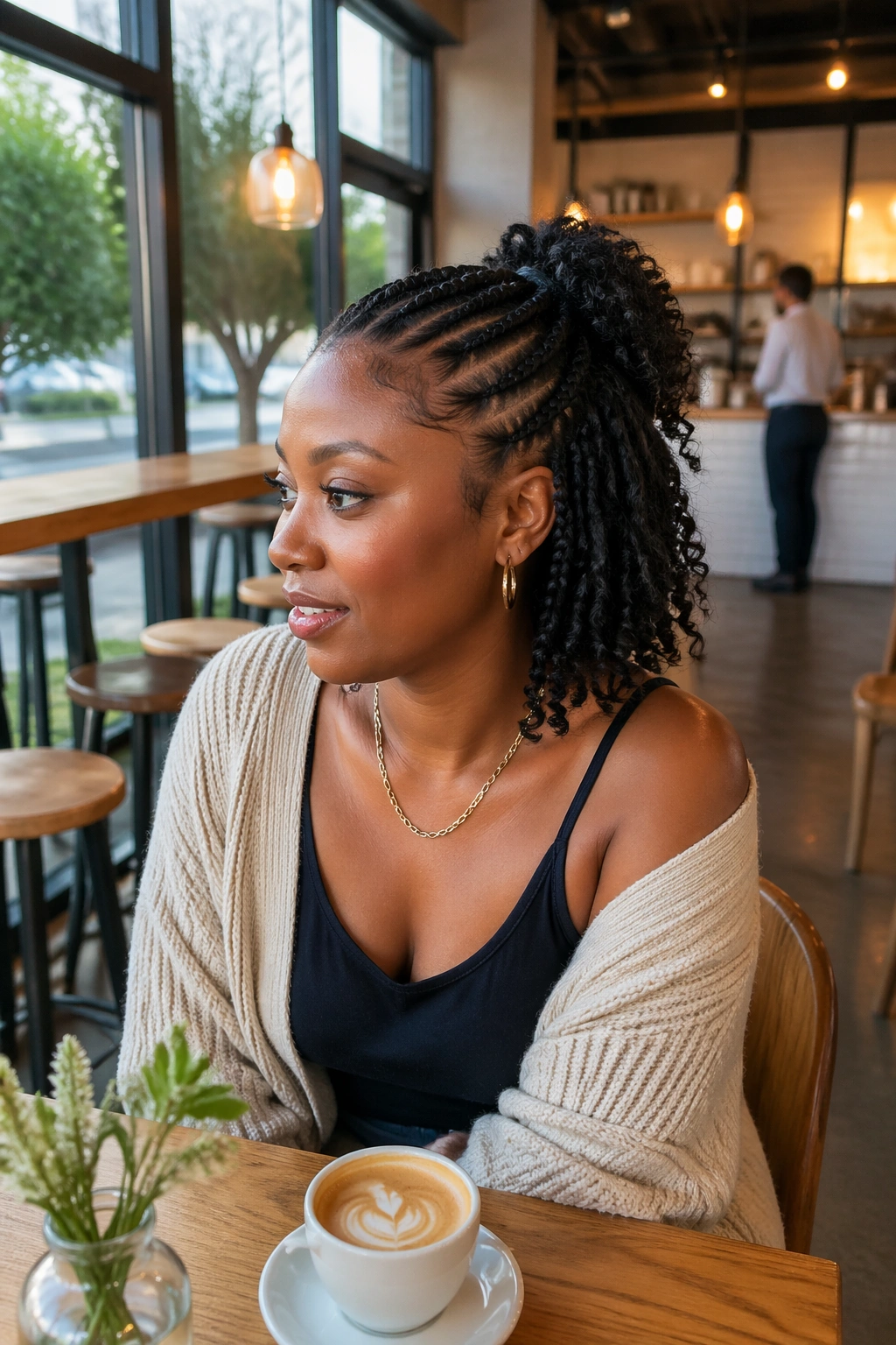 Wide shot of stitch braids half-up with curly ends in a cafe