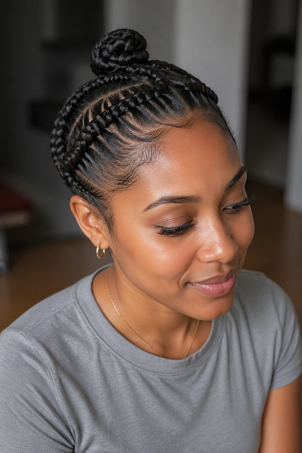 Close-up of halo of stitch braids around the crown with a small bun