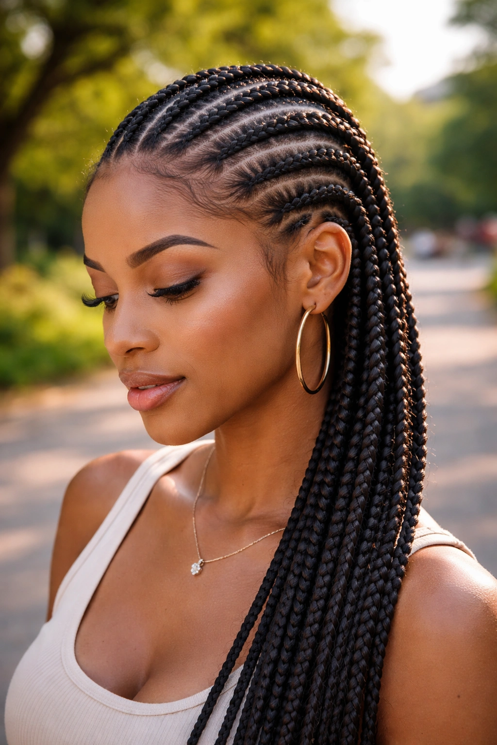 Close-up of stitch braids showing ladder texture on real woman's head