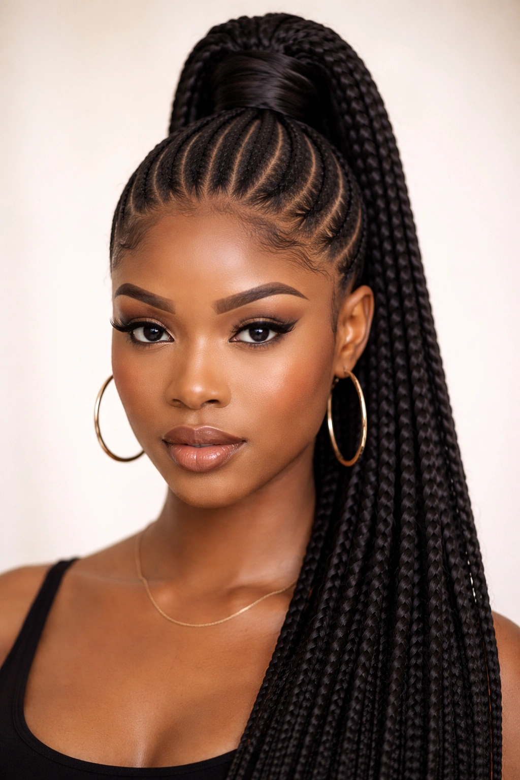 Close-up of a stitch braided high pony with precise scalp lines and uniform braids.
