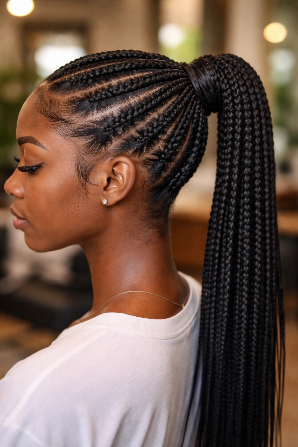 Close-up of a real woman with stitch-braid ponytail showing grid-like parts