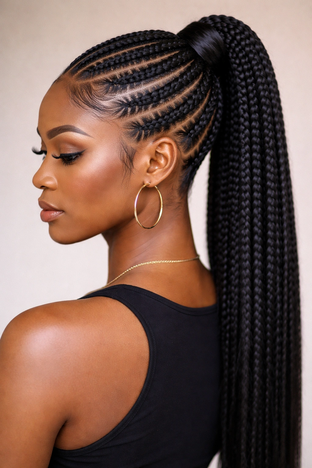 High ponytail with tight stitch braids in crisp horizontal segments